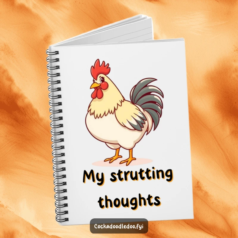 Funny notebook cover featuring a rooster strutting with its chest puffed out, perfect for jotting down confident ideas and ambitious plans.