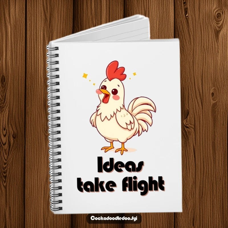Funny rooster notebook depicting a rooster with a comical singing expression, head thrown back in song.