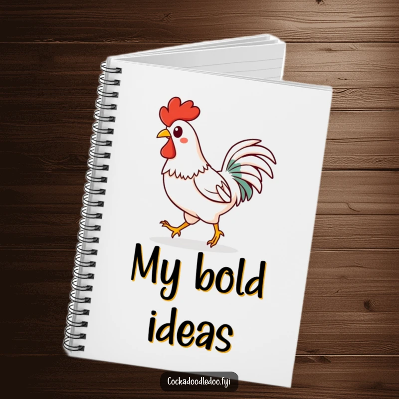 Funny Kawaii rooster notebook featuring a happy character strutting confidently with a springy step. Great for notes.