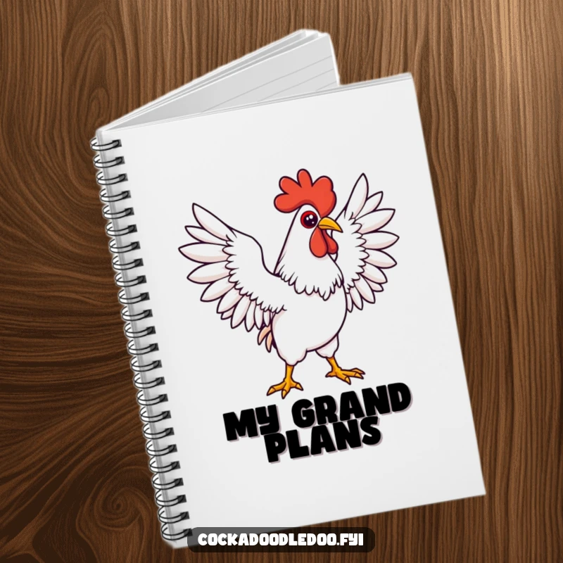 Funny Kawaii rooster notebook featuring a determined character stretching wings wide. Great for notes and plans.