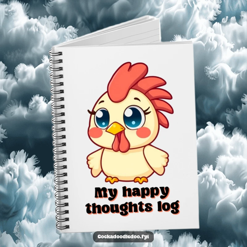 Funny Kawaii Rooster Notebook cover featuring a cheerful bird with wide, bright eyes, beaming with infectious morning cheer.