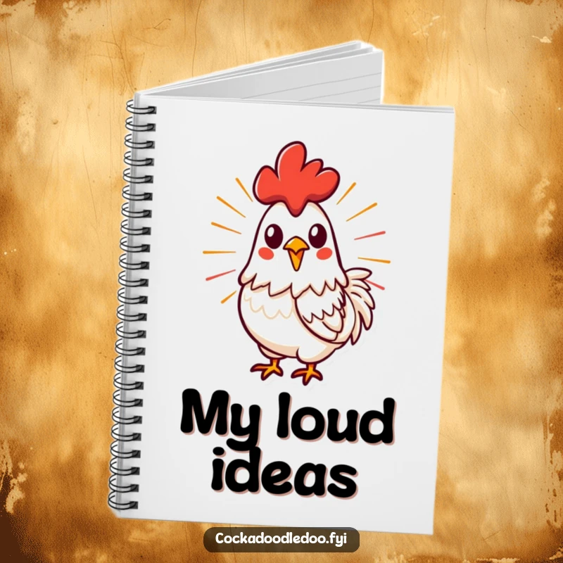 Funny, stylized rooster mid-crow with energetic lines on a notebook cover, perfect for capturing powerful thoughts and ideas.
