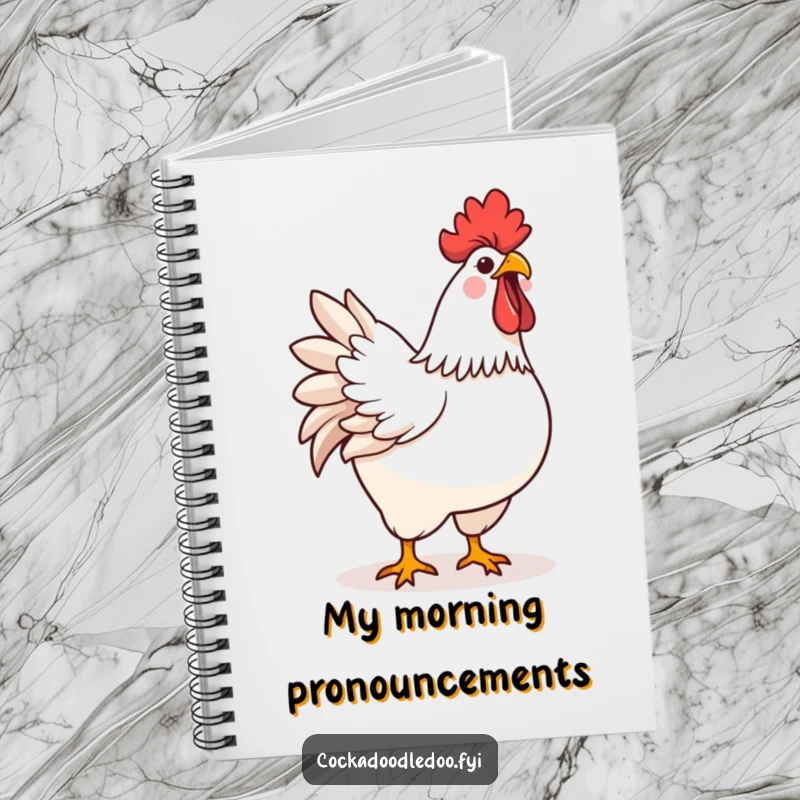 Notebook featuring a funny kawaii rooster crowing joyfully, perfect for jotting down inspired ideas.