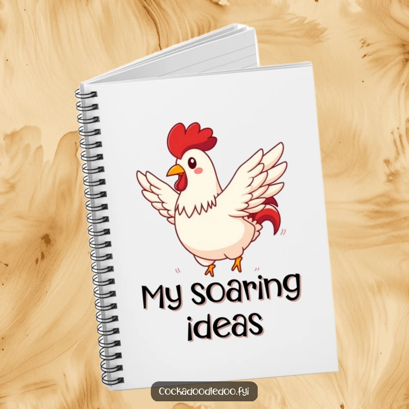 Funny rooster notebook with a rooster comically flying through a sunny sky, wings spread wide, perfect for ideas.