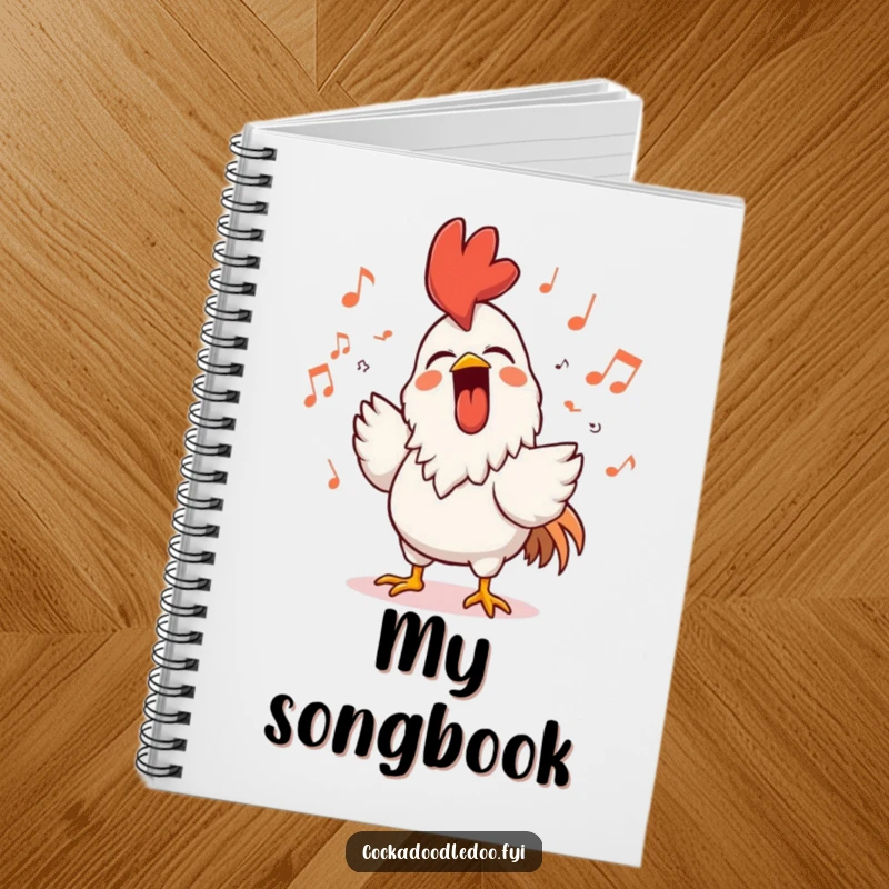 Funny rooster notebook featuring a character singing loudly with a beaming smile, surrounded by musical notes, ideal for stylish and musical note-taking.