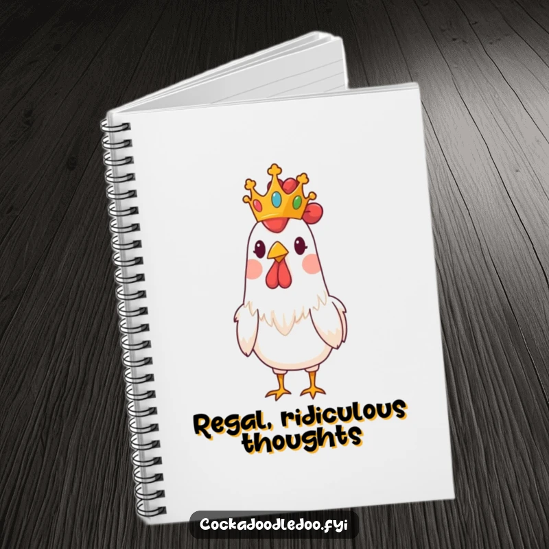 Funny notebook cover featuring a rooster wearing a tiny crown, looking regal and amusingly important.