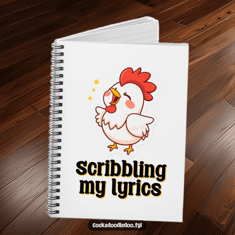 Funny notebook cover featuring a rooster character in ecstatic song, bringing a musical and humorous element to note-taking.