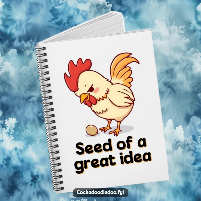 Funny notebook featuring a small, determined rooster pecking with intensity at a tiny seed, inspiring focused note-taking.