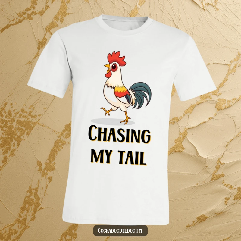 Funny t-shirt depicting a rooster playfully chasing its own shadow, capturing a moment of pure, silly fun.
