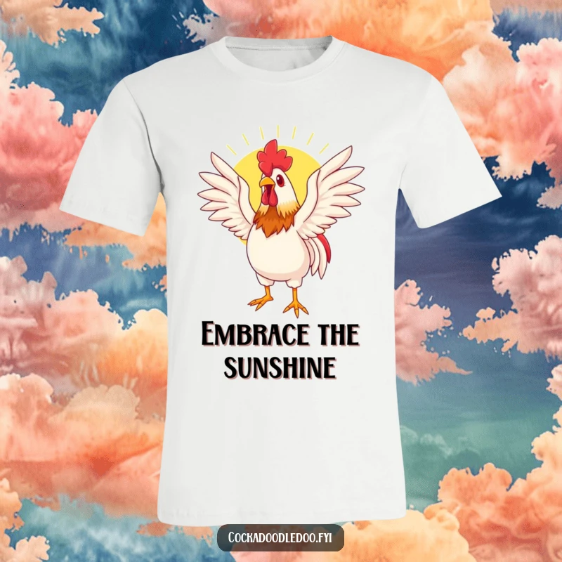 Funny t-shirt showcasing a rooster stretching its wings wide, enjoying the sun’s rays, embodying relaxation and freedom.