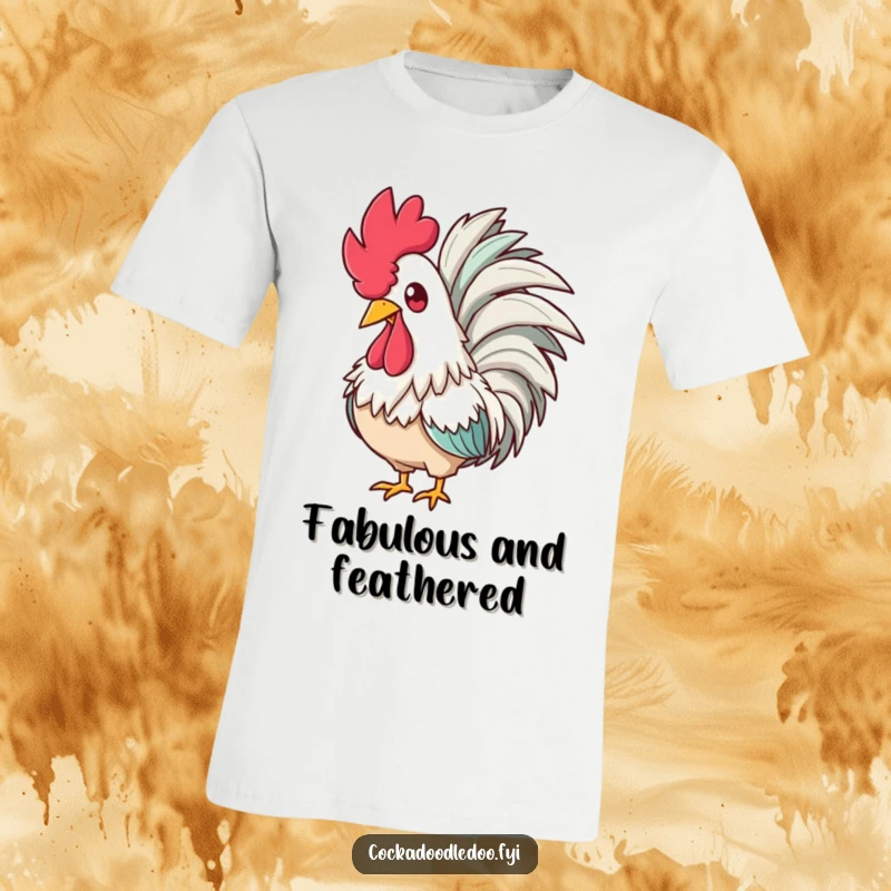 Funny t-shirt showing a fabulous rooster with a feathered boa, looking amused, perfect for a glamorous and humorous statement.