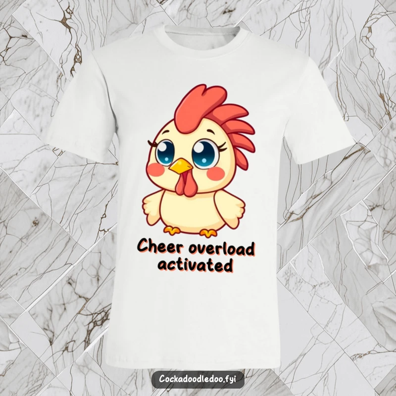 Funny Kawaii Rooster T-Shirt showing a happy bird with wide, sparkling eyes, beaming with ultimate morning cheer and delight.