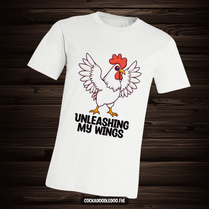 Funny Kawaii rooster t-shirt depicting a determined character stretching its wings wide in a powerful, grand pose. Empowering and stylish.