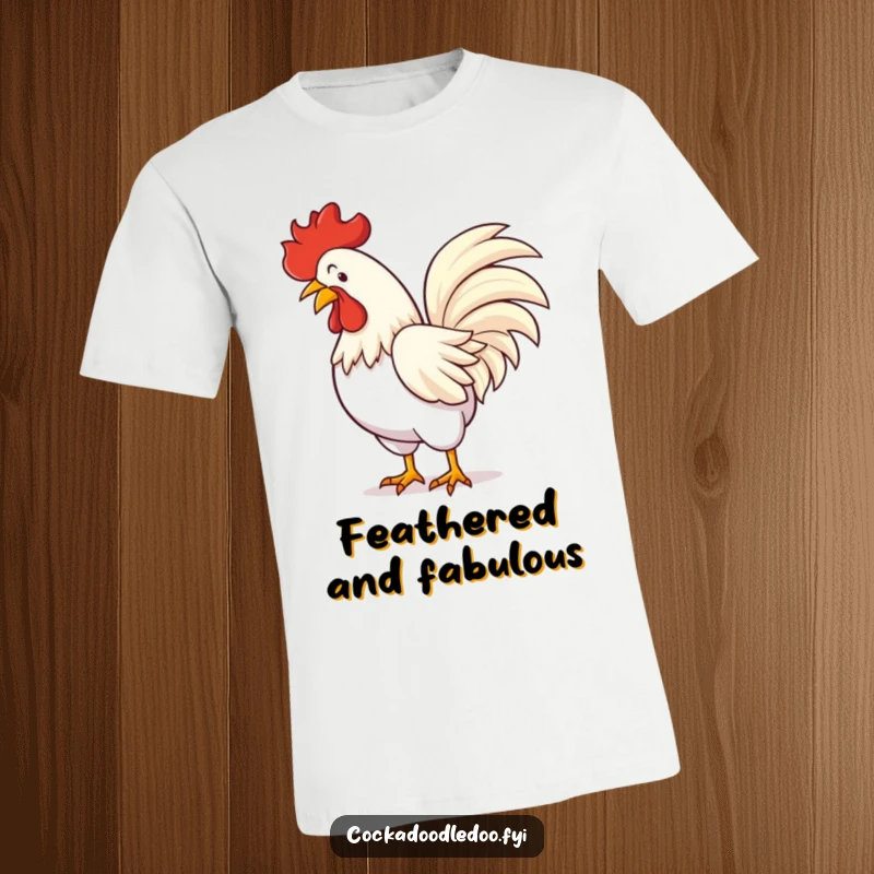 Funny t-shirt with a rooster doing a flamboyant bow, showcasing a dramatic tail feather display and confident posture.