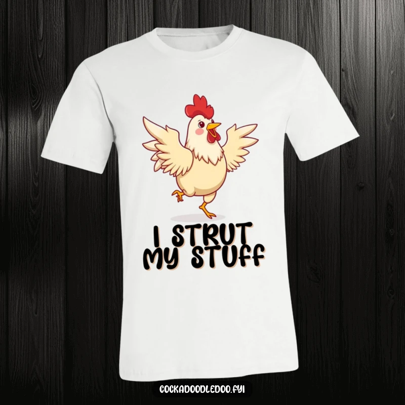Funny t-shirt showcasing a joyful rooster dancing a lively jig with its wings spread, radiating pure energy and celebration.