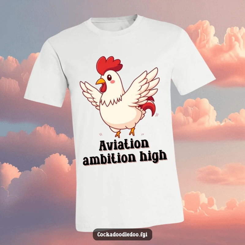 Funny rooster t-shirt showing a rooster with wings spread wide, comically flying through a sunny sky.