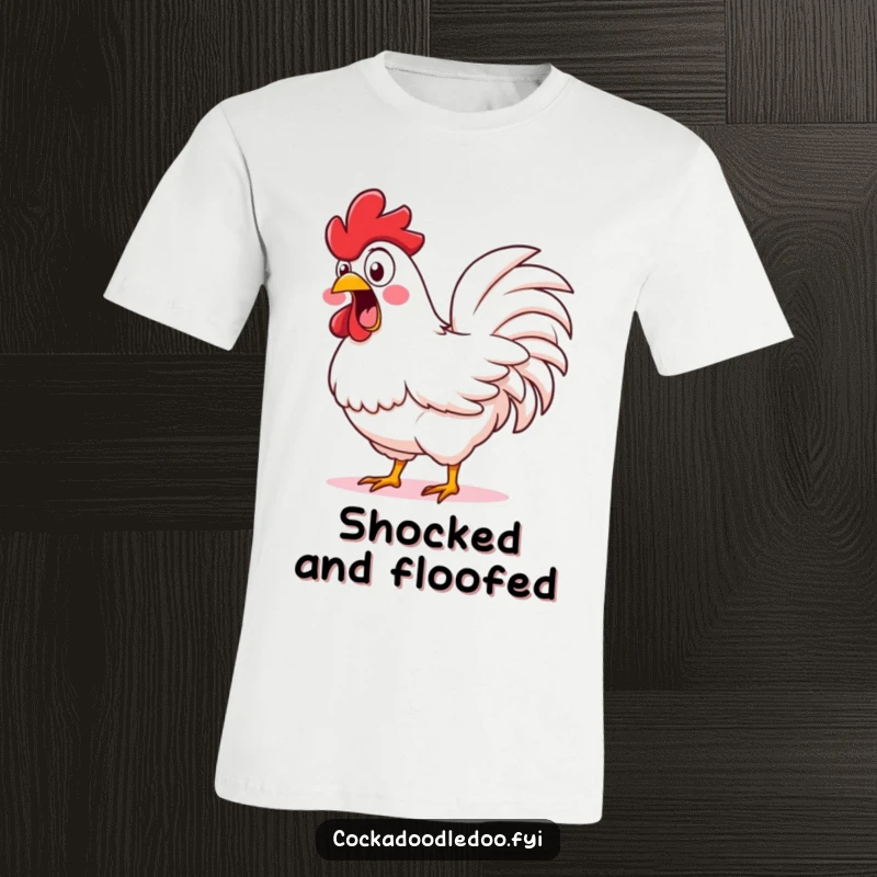 Funny Wide-Eyed Rooster T-Shirt: A cartoon rooster with eyes wide in shock, vigorously shaking its tail feathers.