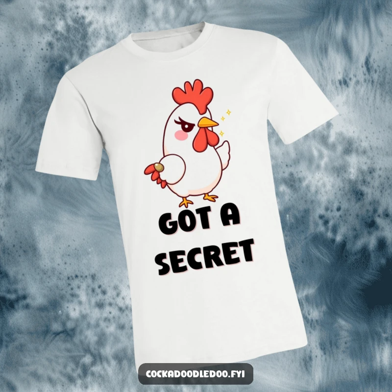 Funny rooster character T-shirt, depicted with a mischievous wink and offering a tiny, sparkling seed, embodying playful generosity.