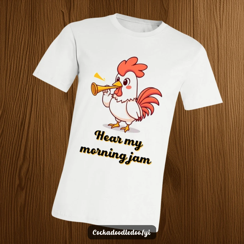 Funny rooster t-shirt showcasing a proud kawaii rooster character with an exaggerated stance, blowing a tiny trumpet with gusto.