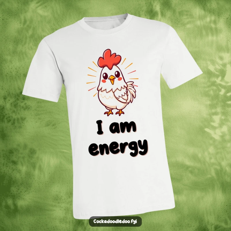 Funny, stylized rooster mid-crow with energetic lines from its beak, featured on a t-shirt, symbolizing power and vibrancy.