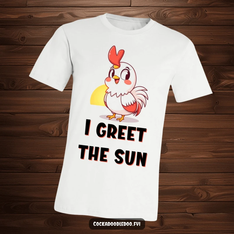 Funny T-Shirt showcasing a rooster amazed by the sunrise, smiling widely, perfect for expressing morning optimism and humor.