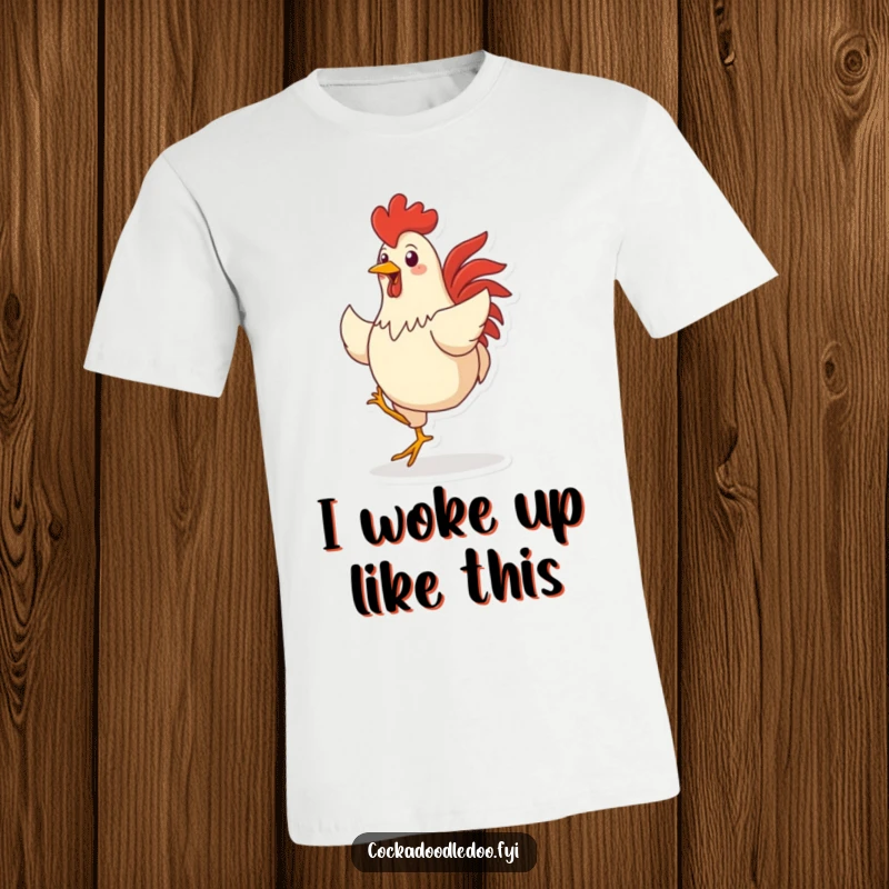 Funny t-shirt showcasing a vibrant rooster character performing a lively dance, radiating pure, unadulterated joy and energy.