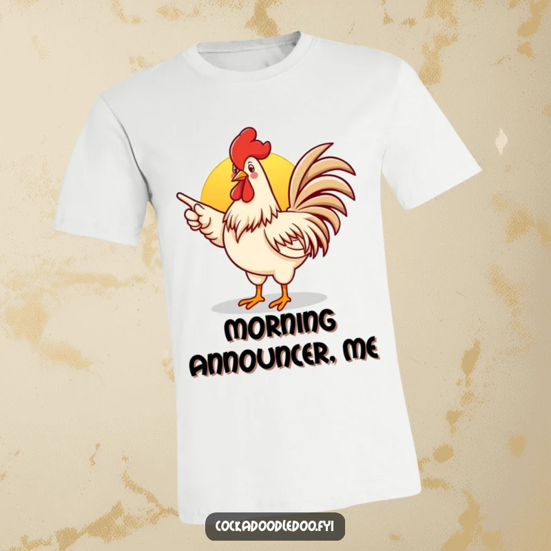 Funny rooster t-shirt with an enthusiastic rooster pointing towards a sunrise, great for morning wear.