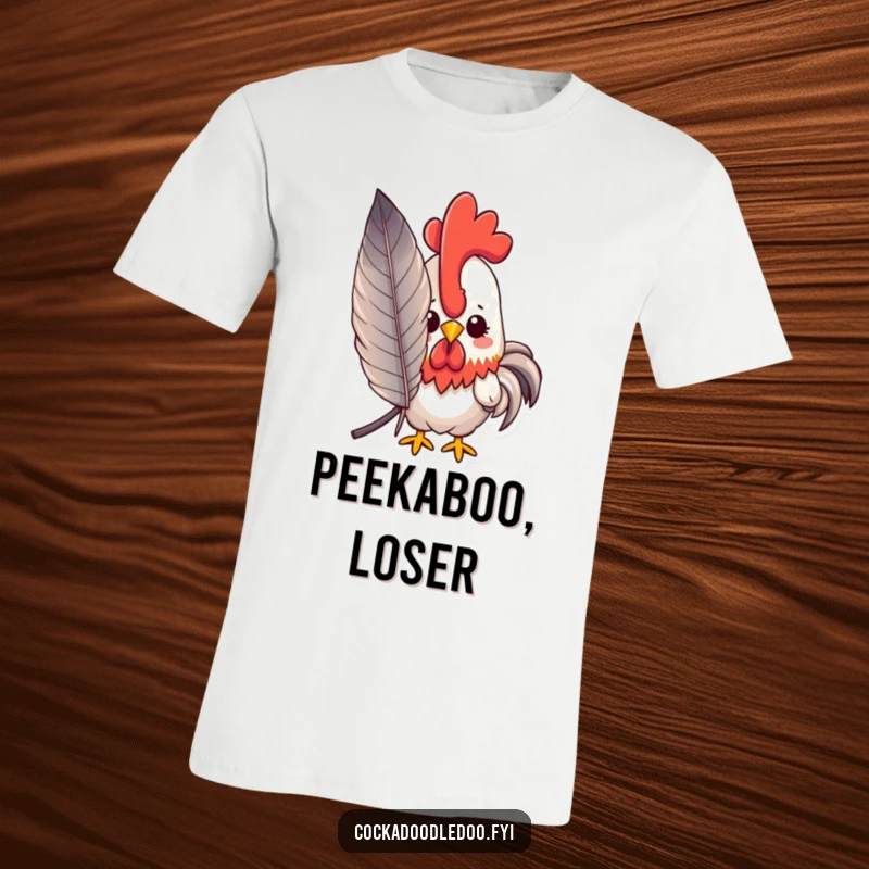 Funny peeking kawaii rooster t-shirt showing a rooster peeking from behind a large feather, a cute funny gift.