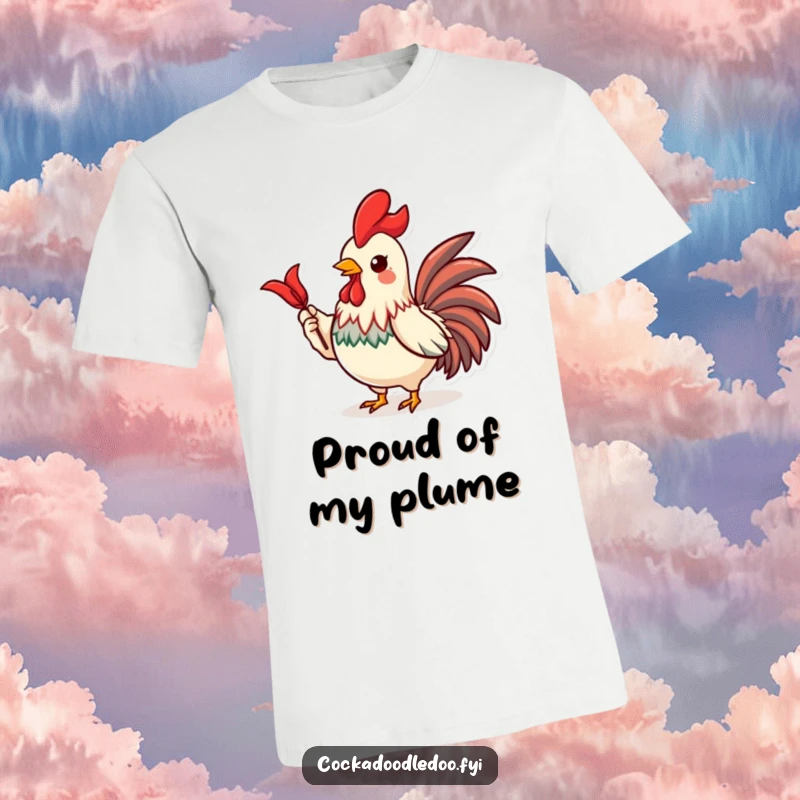 Funny t-shirt with a proud Kawaii rooster character confidently displaying a vibrant, shiny red feather.