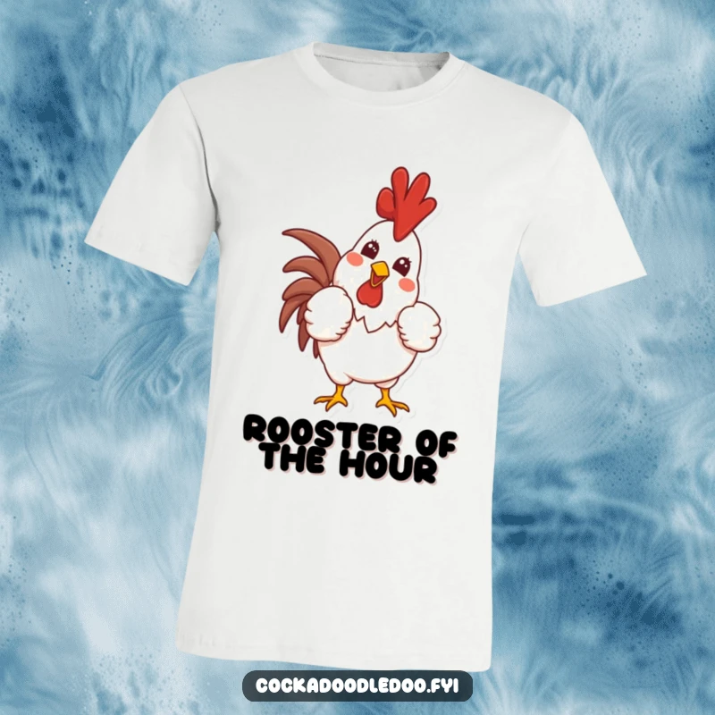 Funny t-shirt depicting a proud rooster puffing out its chest and crowing with a massive, cheerful smile, radiating confidence and morning energy.