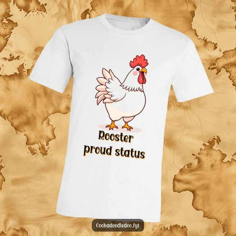 Funny kawaii rooster with its chest puffed out, crowing loudly and joyfully on a t-shirt.