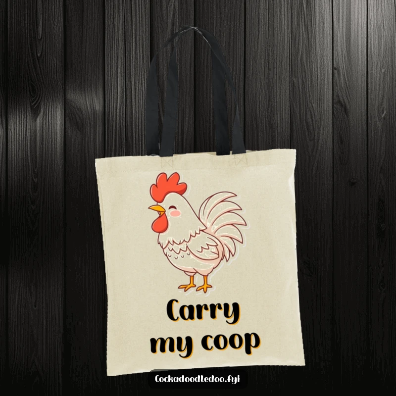 Funny Rooster Tote Bag with a character, fluffy tail feathers shaking with laughter, great for everyday use.