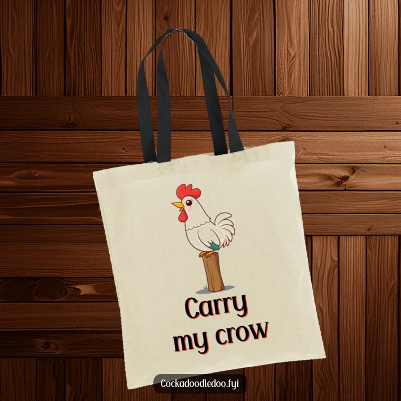 Funny Kawaii rooster tote bag showing a cute rooster perched on a fence, head thrown back in a joyful crow.