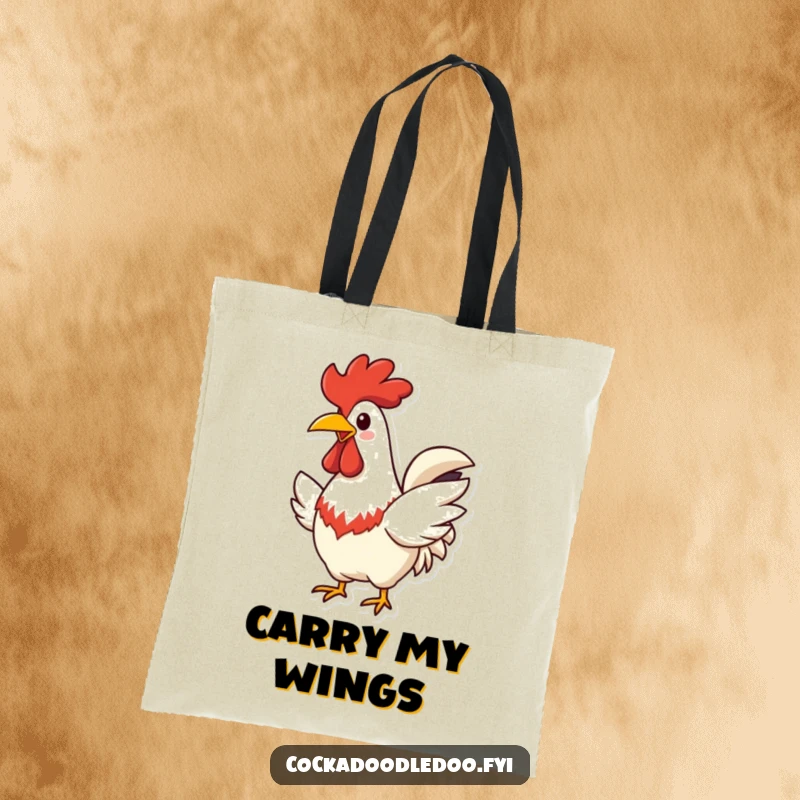Funny Rooster Tote Bag, showing wide cheerful beak and flapping wings happily, stylish and humorous.