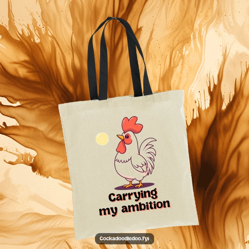 Funny tote bag illustrating a determined rooster crowing resolutely at a tiny moon, showcasing unwavering focus.