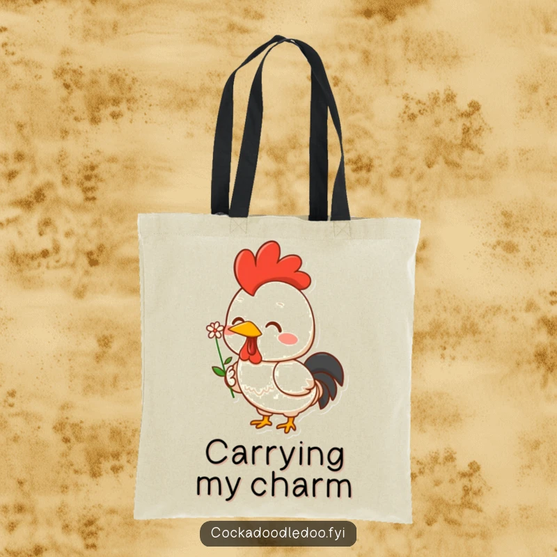Funny Kawaii rooster tote bag showcasing a cheerful, smiling character holding a delicate tiny flower. Stylish and full of personality.