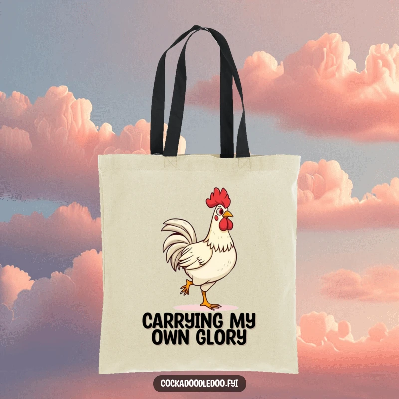 Funny confident rooster tote bag, strutting proudly with head held high. A stylish and humorous accessory for carrying essentials with flair.