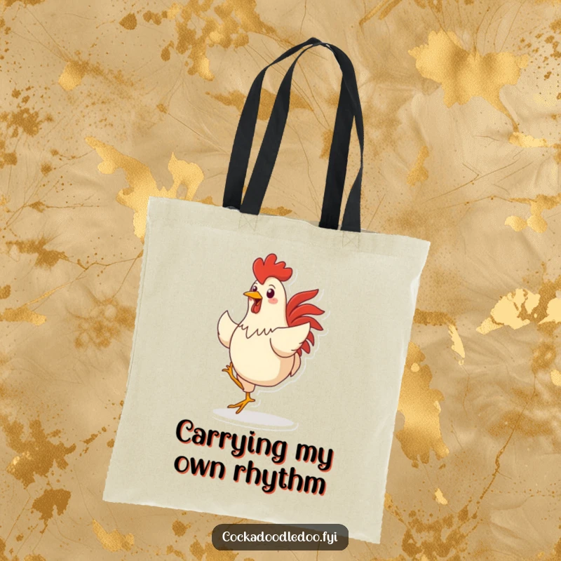 Funny tote bag featuring a roly-poly rooster character doing a spirited jig, perfect for carrying groceries and good vibes.