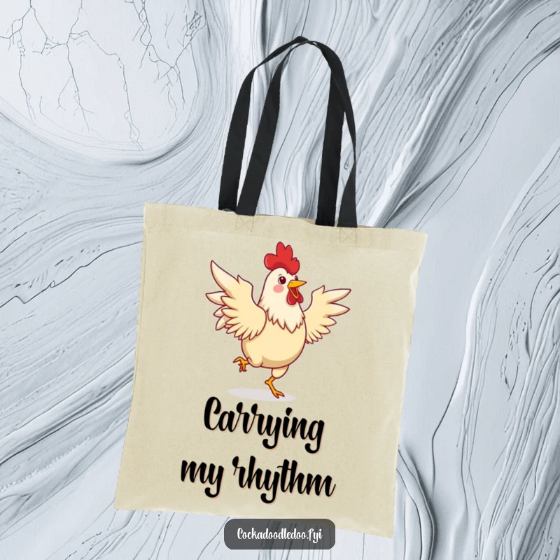 Funny tote bag featuring a joyful rooster dancing a lively jig with its wings spread, perfect for carrying essentials and good vibes.