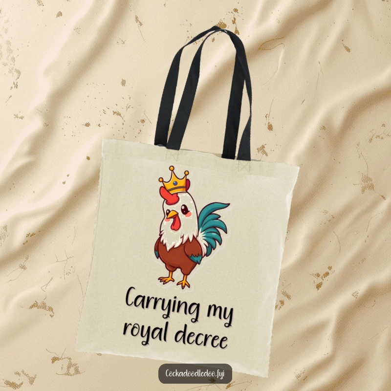 Funny tote bag depicting a proud rooster in a crown, crowing triumphantly, perfect for carrying essentials with a royal attitude.