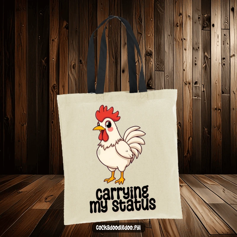 Funny rooster tote bag of a proud rooster puffing its chest and crowing with humorous, exaggerated delight.