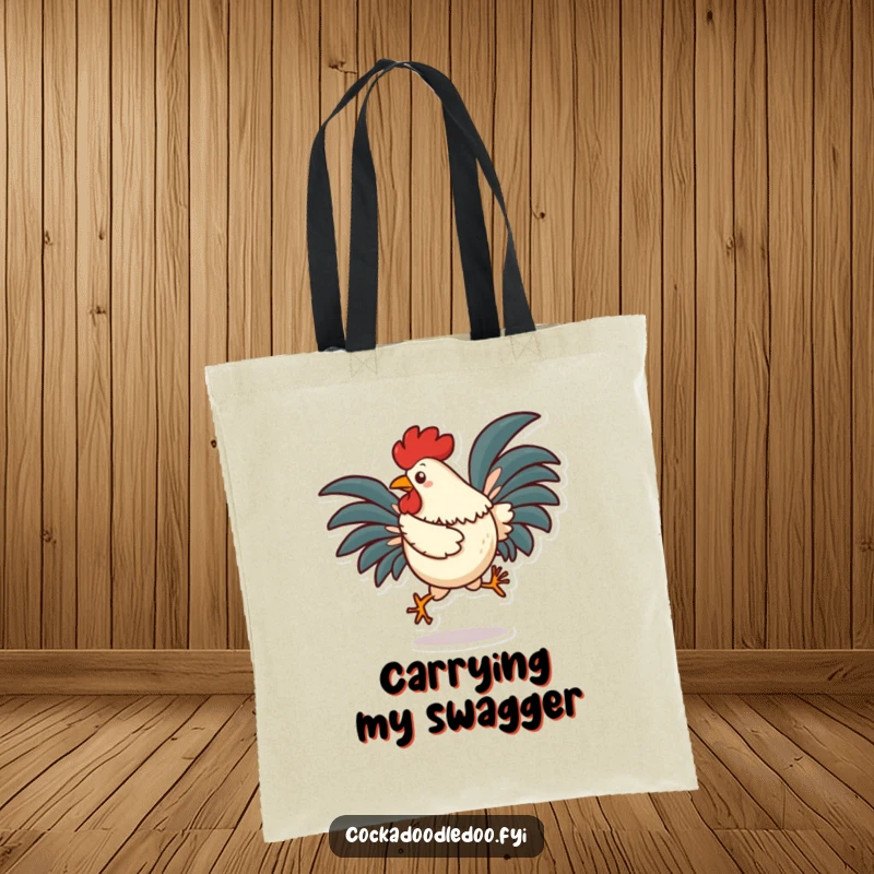 Funny rooster tote bag showing a character in a silly hop with tail feathers fanned out, perfect for carrying essentials with flair.