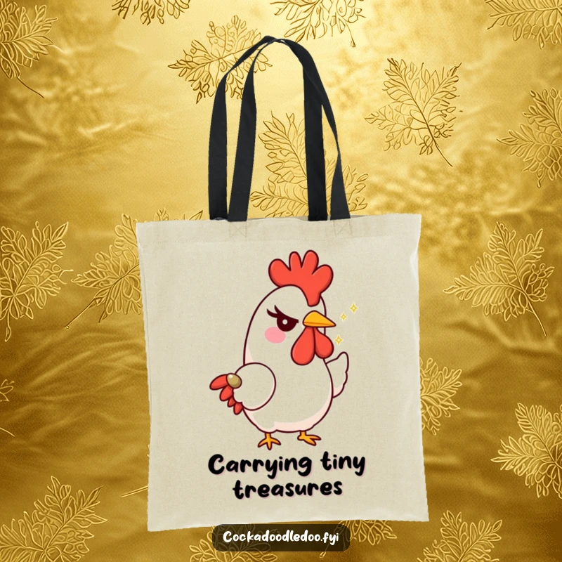 Funny rooster tote bag showing a character with a mischievous wink, offering a tiny, sparkling seed, perfect for carrying essentials with charm.