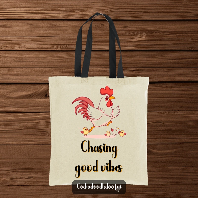 Funny Rooster Tote Bag, showing playful chasing of smaller birds happily, stylish and humorous.