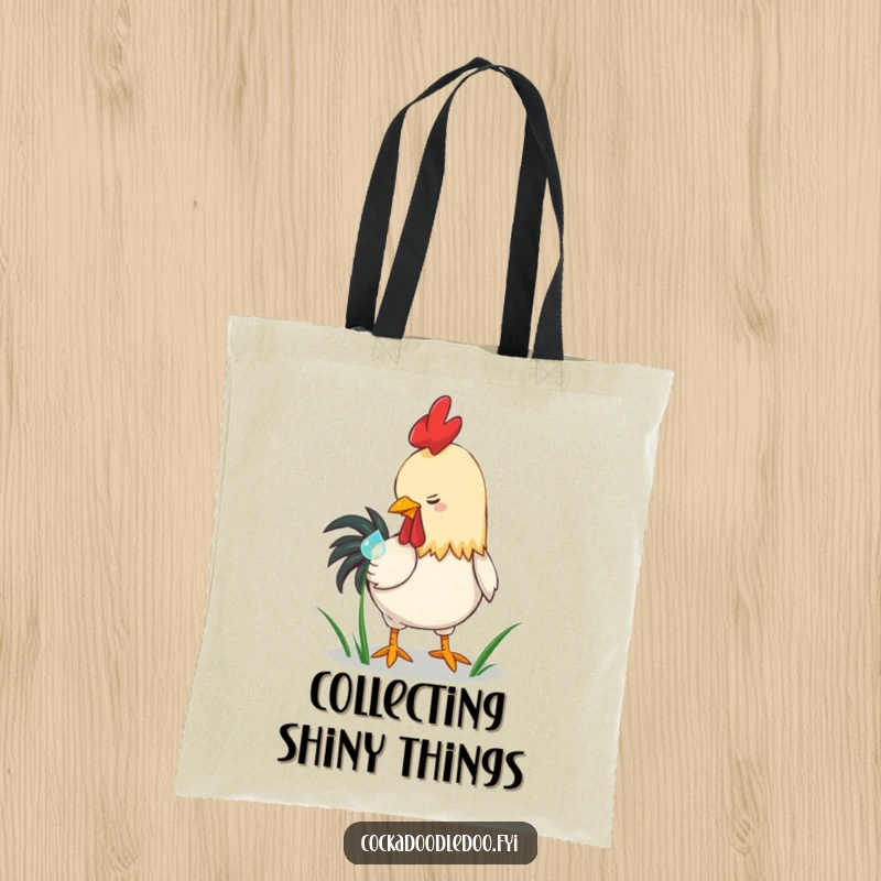 Funny playful rooster tote bag, pecking a dewdrop on grass. A humorous and charming accessory for carrying everyday items, a great gift.