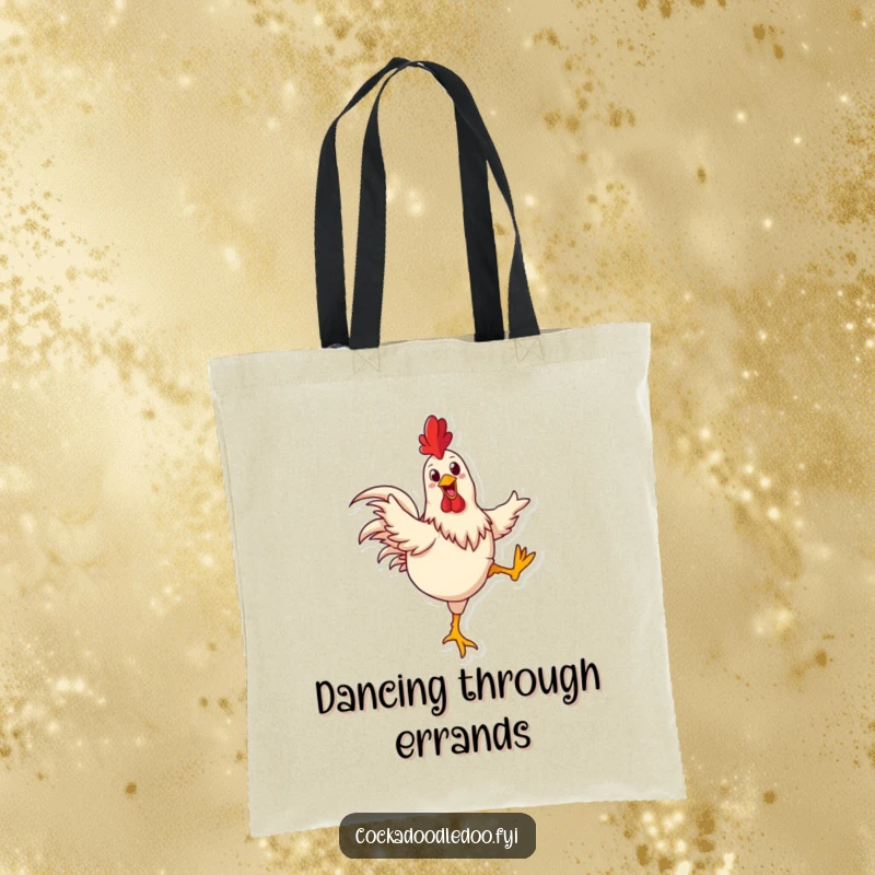 Funny rooster tote bag of a happy rooster joyfully kicking its legs in a comical dance, full of life.