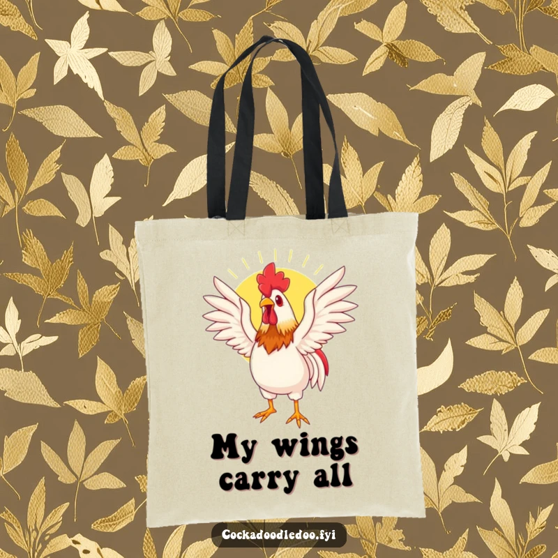 Funny tote bag with a rooster stretching its wings in the sun, embodying warmth, happiness, and carrying capacity.