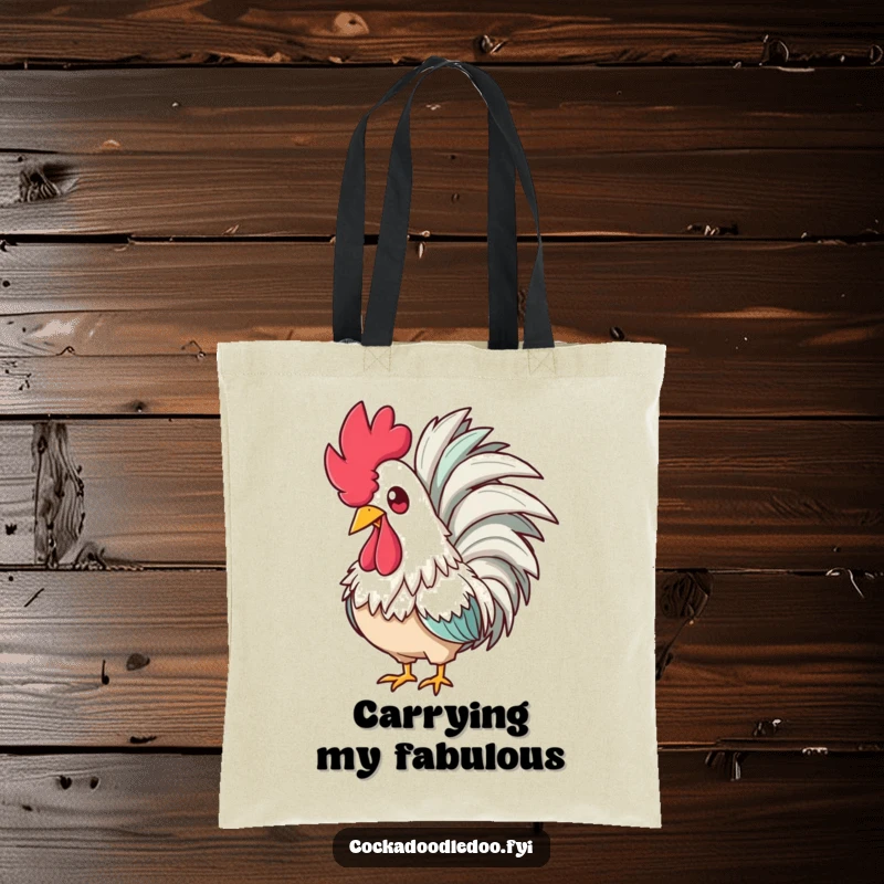 Funny tote bag showcasing a glamorous rooster wearing a feathered boa, looking amused, ideal for carrying essentials fashionably.