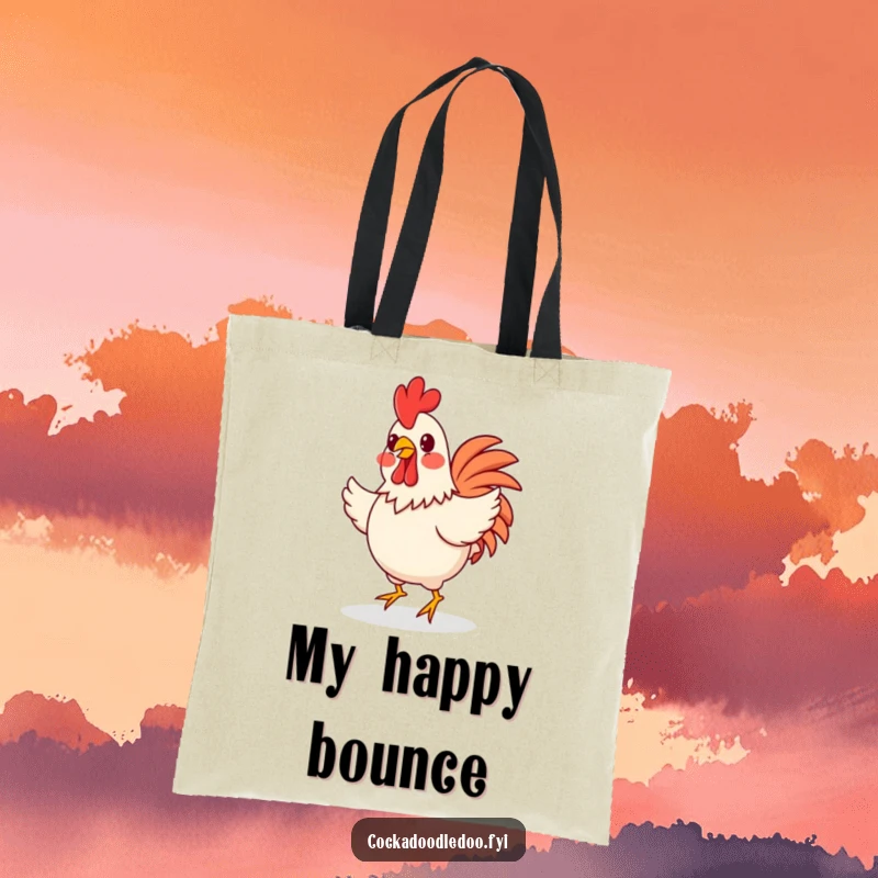 Funny happy rooster with rosy cheeks doing a little jig on a durable tote bag, perfect for cheerful errands.