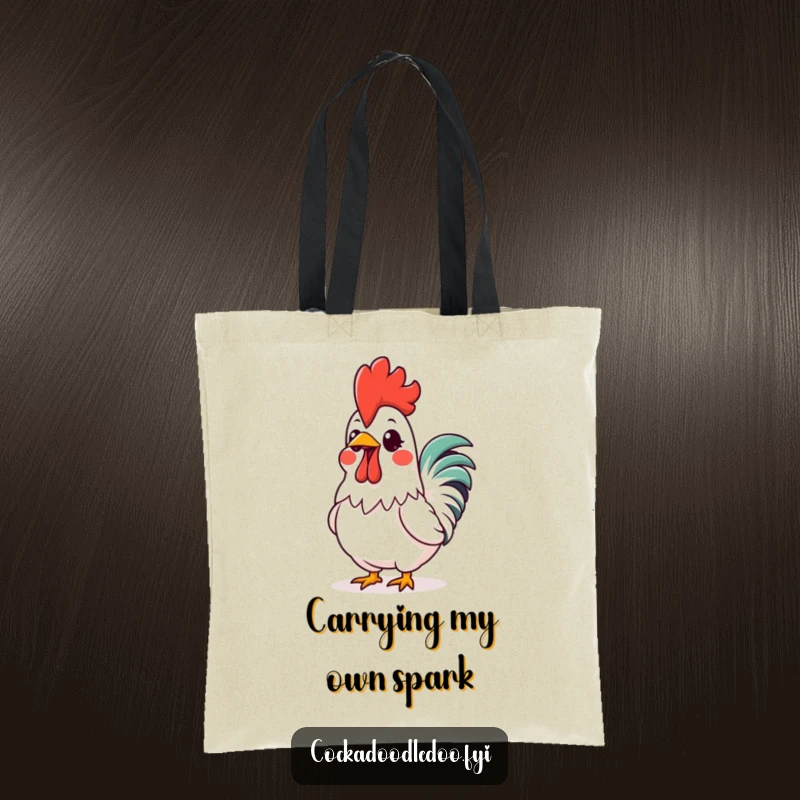 Funny Kawaii Rooster Comb Tote Bag: Cute rooster with a vibrant, glowing comb, symbolizing excitement and happiness, ideal for stylish, humorous carrying.